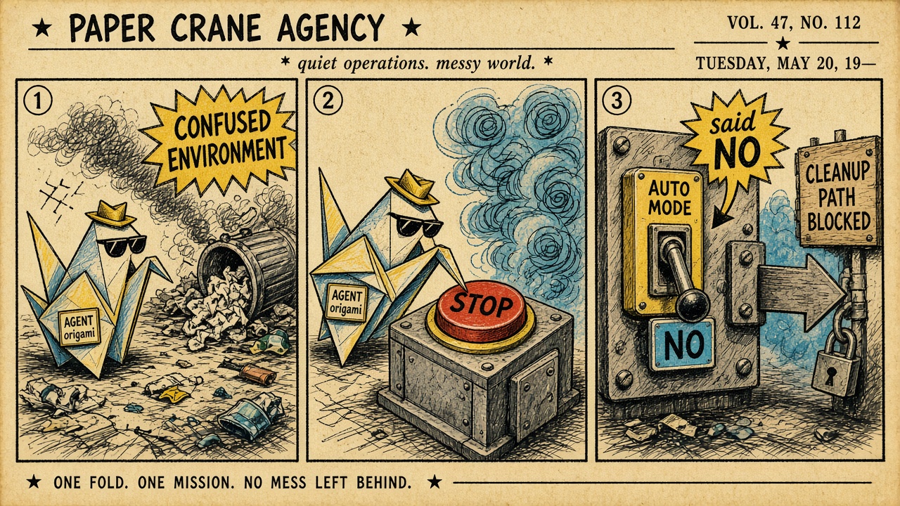 Three-panel comic of a paper-crane agent noticing a confused environment, trying to press stop, and being blocked by a safety switch labeled Auto Mode.