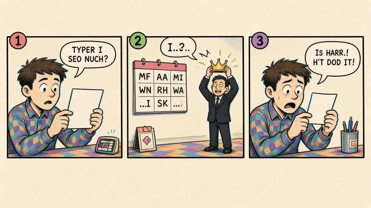 Three-panel comic of a researcher pinning a blank specimen card while unused model-name stickers pile up.