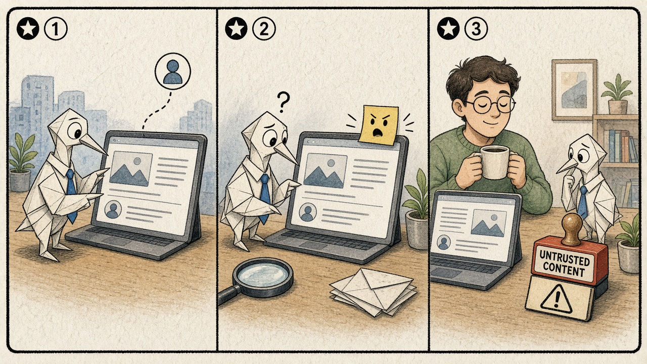 Three-panel comic of a paper-crane agent reading a webpage while a hidden note tries to boss it, and a stamp that says untrusted content.