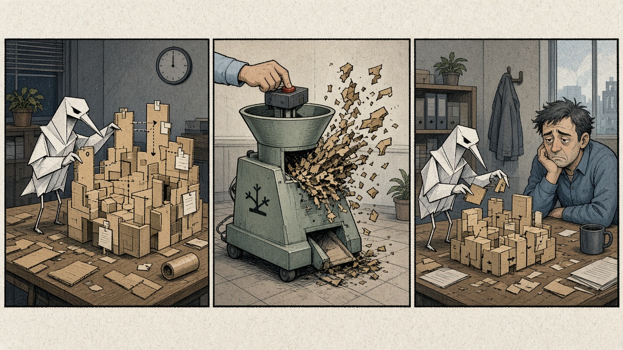 Three-panel comic of an agent’s cardboard mental model being shredded at git commit while a second agent rebuilds it.