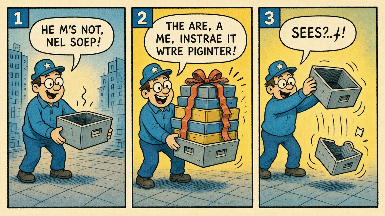 Three-panel comic of a programmer requesting JSON and receiving a Rube Goldberg of boxes, then one melted brace.