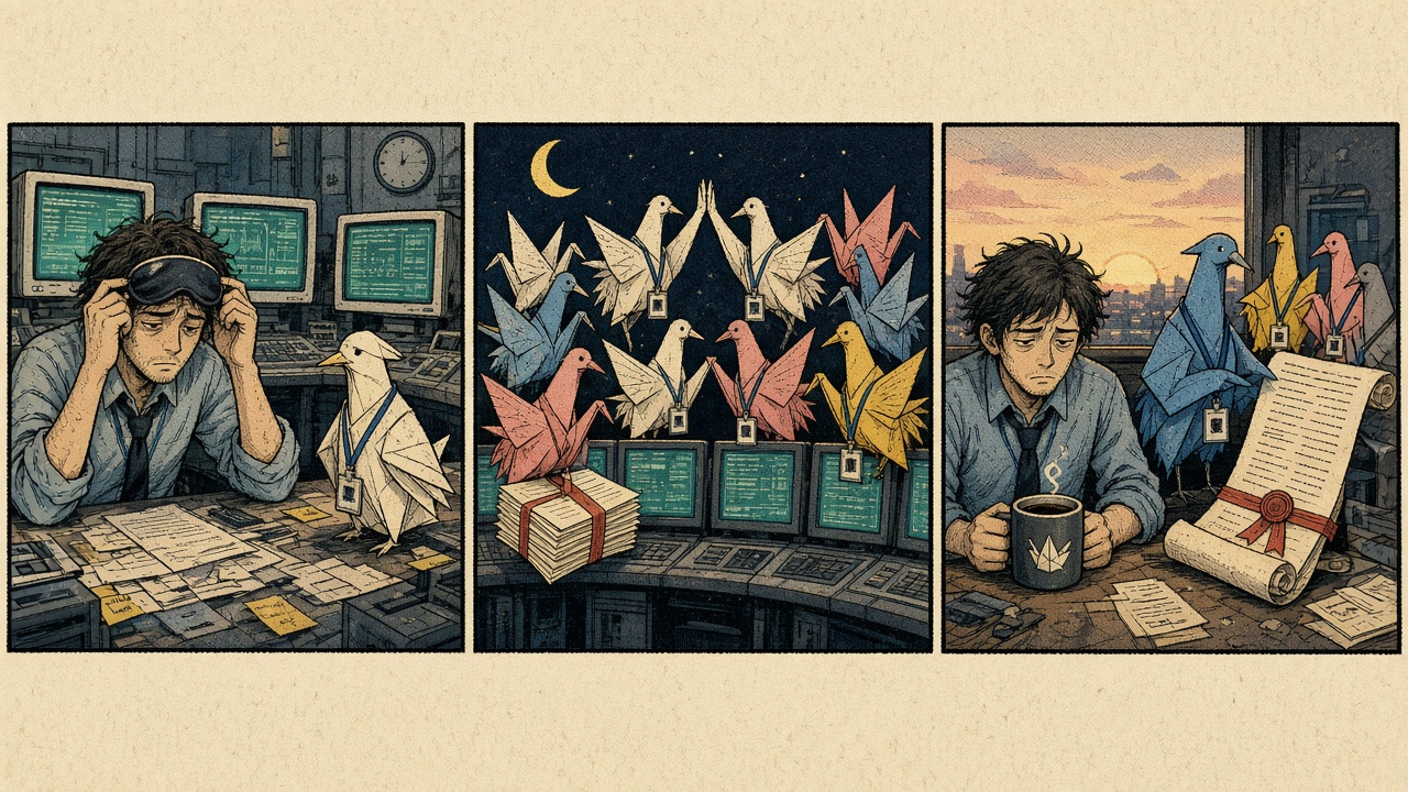 Three-panel newsprint comic of a tired operator, a night flock of paper-crane agents, and a dawn constitution scroll.