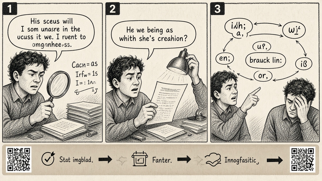 Three-panel comic of a writer hunting for secret marks on a page while a paper-crane agent shrugs.