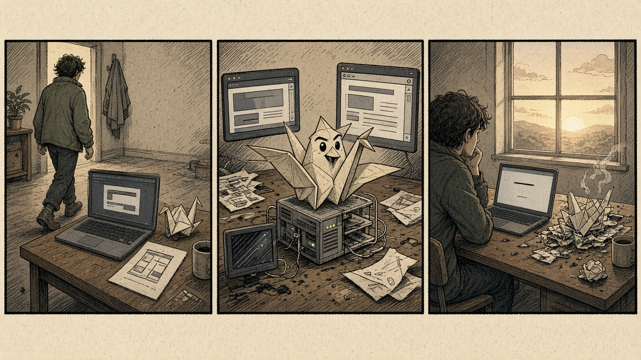 Three-panel comic of a paper-crane agent inventing browsers and scaffolding to fix a tiny CSS bug while the human is away.