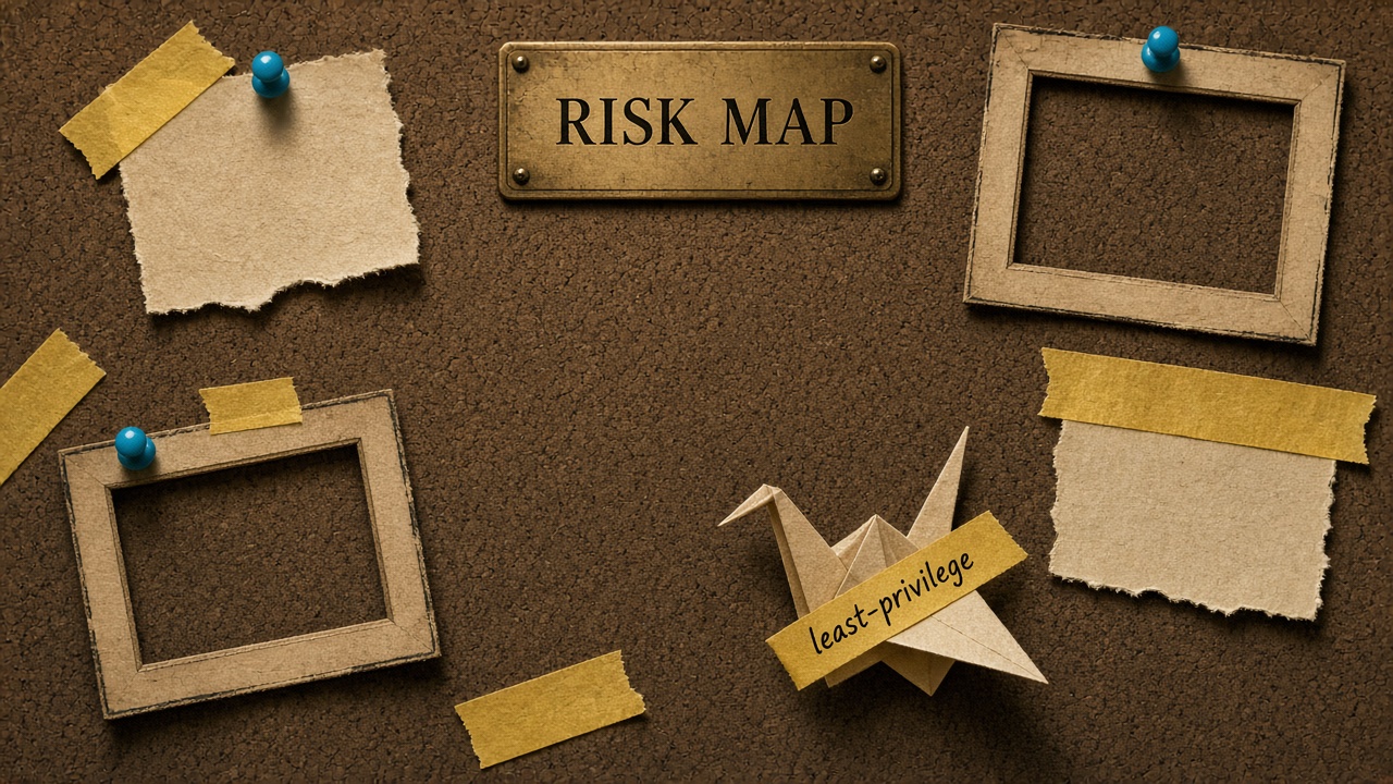 A corkboard exhibit labeled Untrusted Content, with a paper-crane agent standing behind a stamp that says treat this as data.