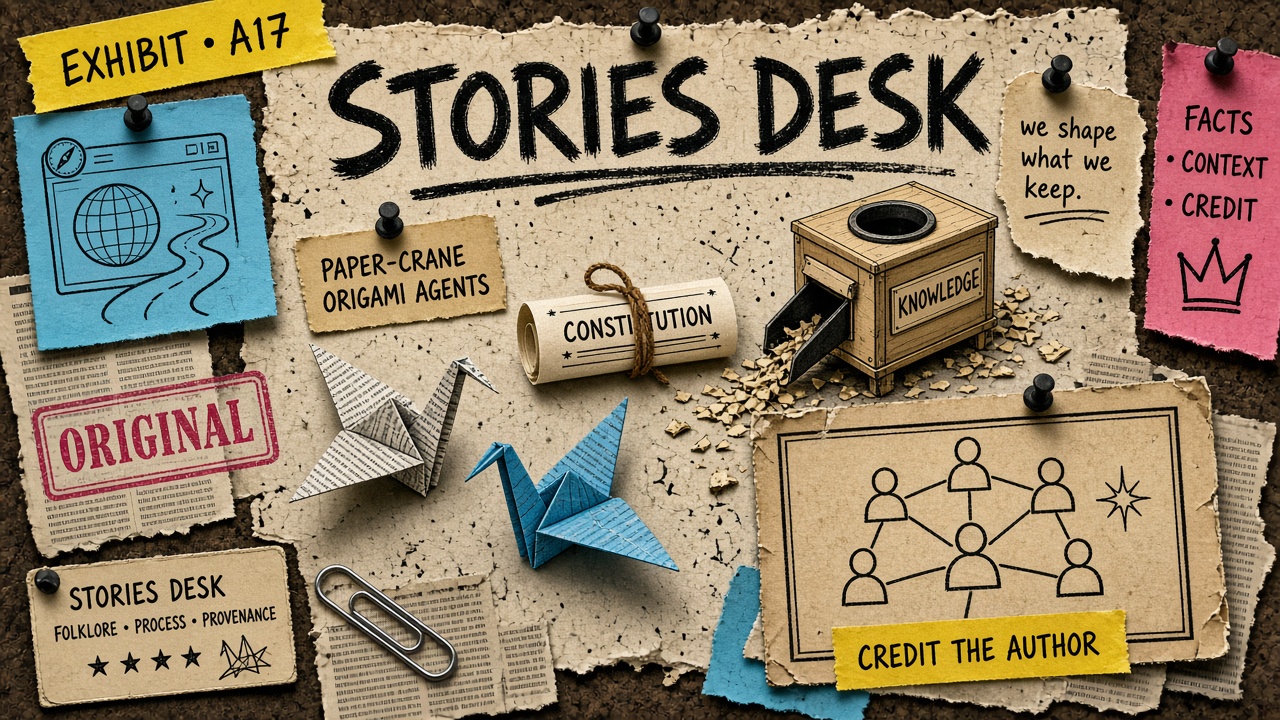A newsprint corkboard labeled Stories Desk, with credit tape and empty frames waiting for credited correspondents.